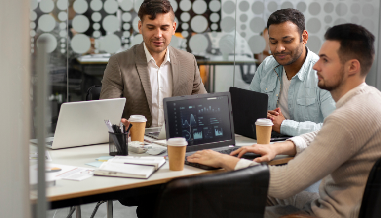 IT strategy concept with team planning tech solutions and business goals.